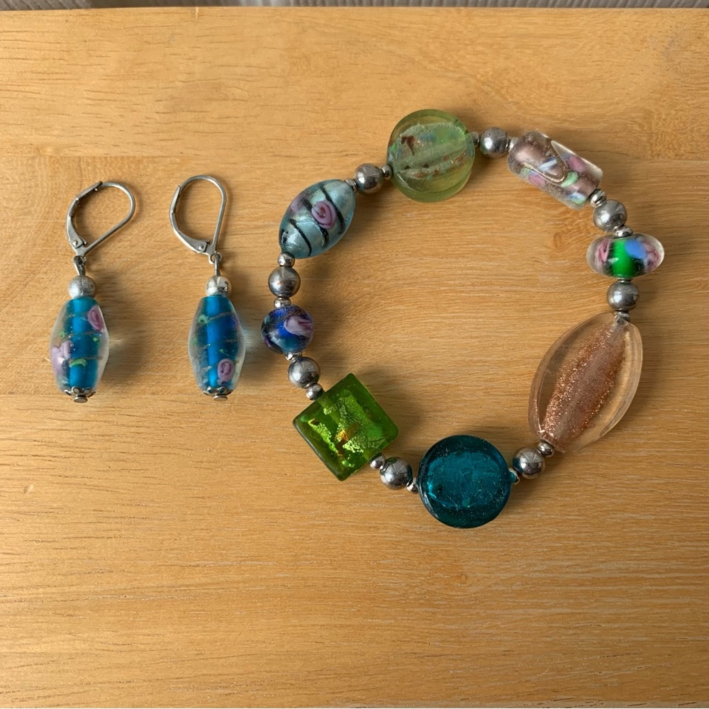 Translucent blue & green beaded bracelet with matching earrings